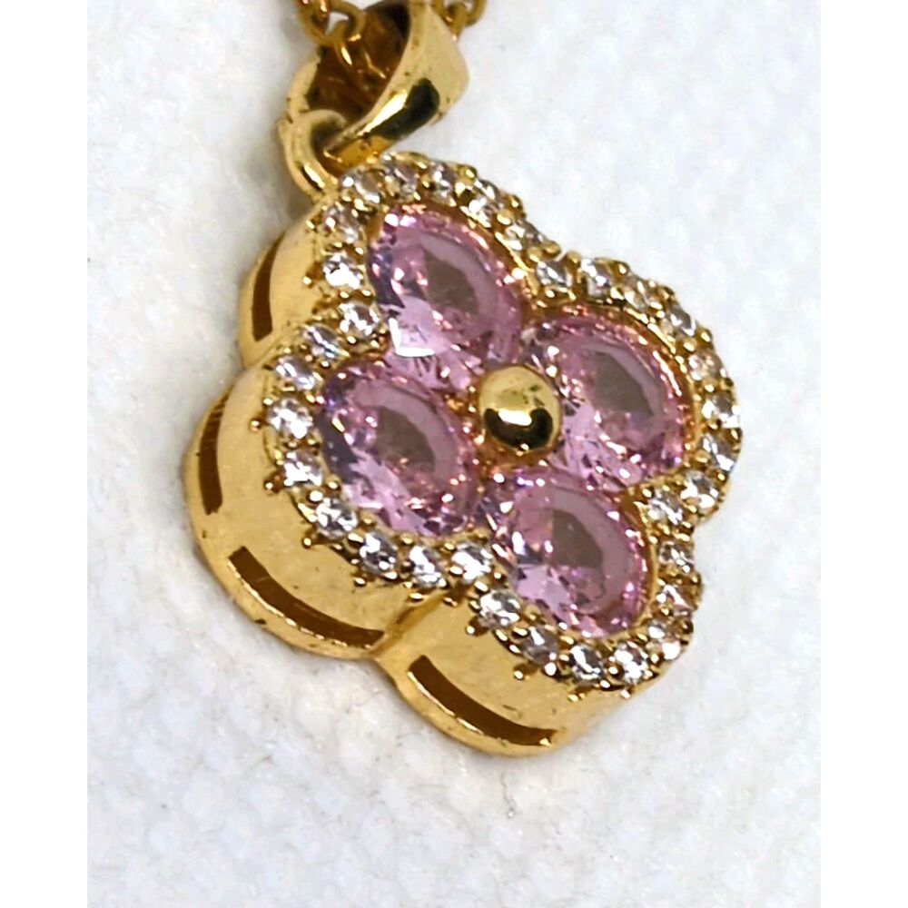 Women's New 18K Gold Plated, Stainless Steel, Pink CZ Clover Pendant W/ Necklace